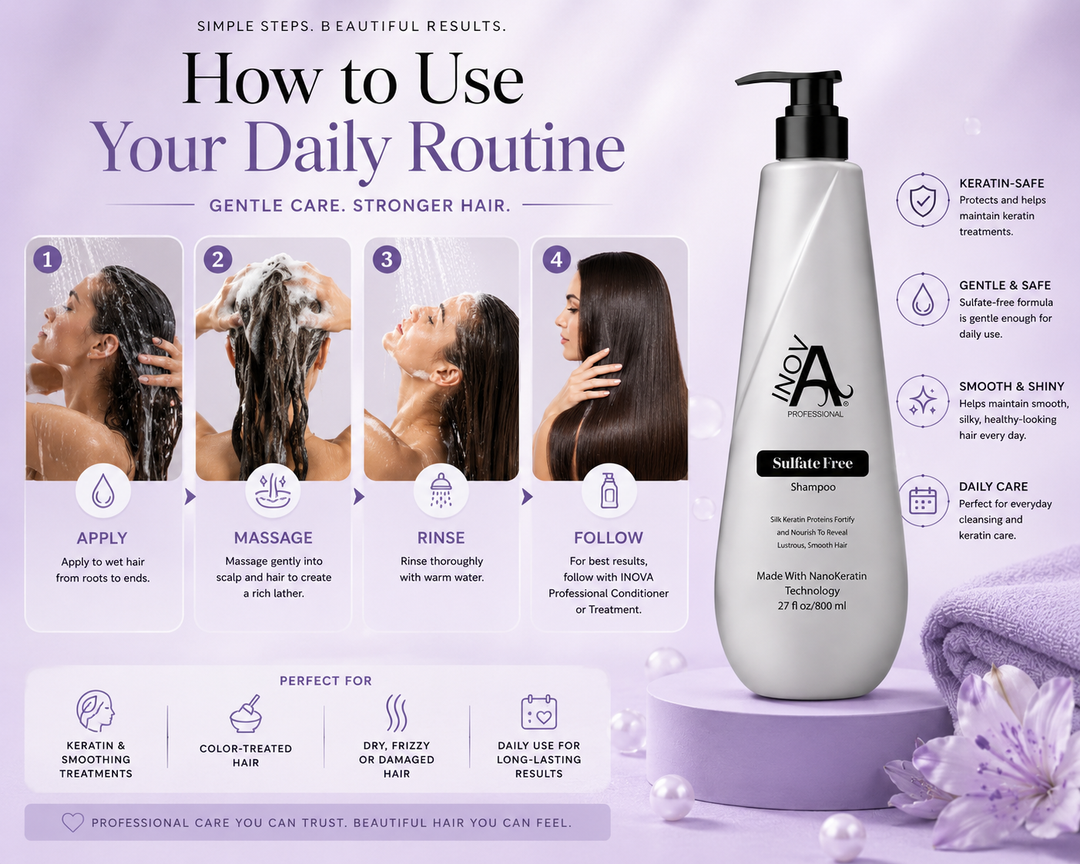 How-to-use infographic for Inova Professional Sulfate-Free Shampoo showing daily keratin-safe hair care routine with apply, massage, rinse, and follow-up steps on a luxury light purple background