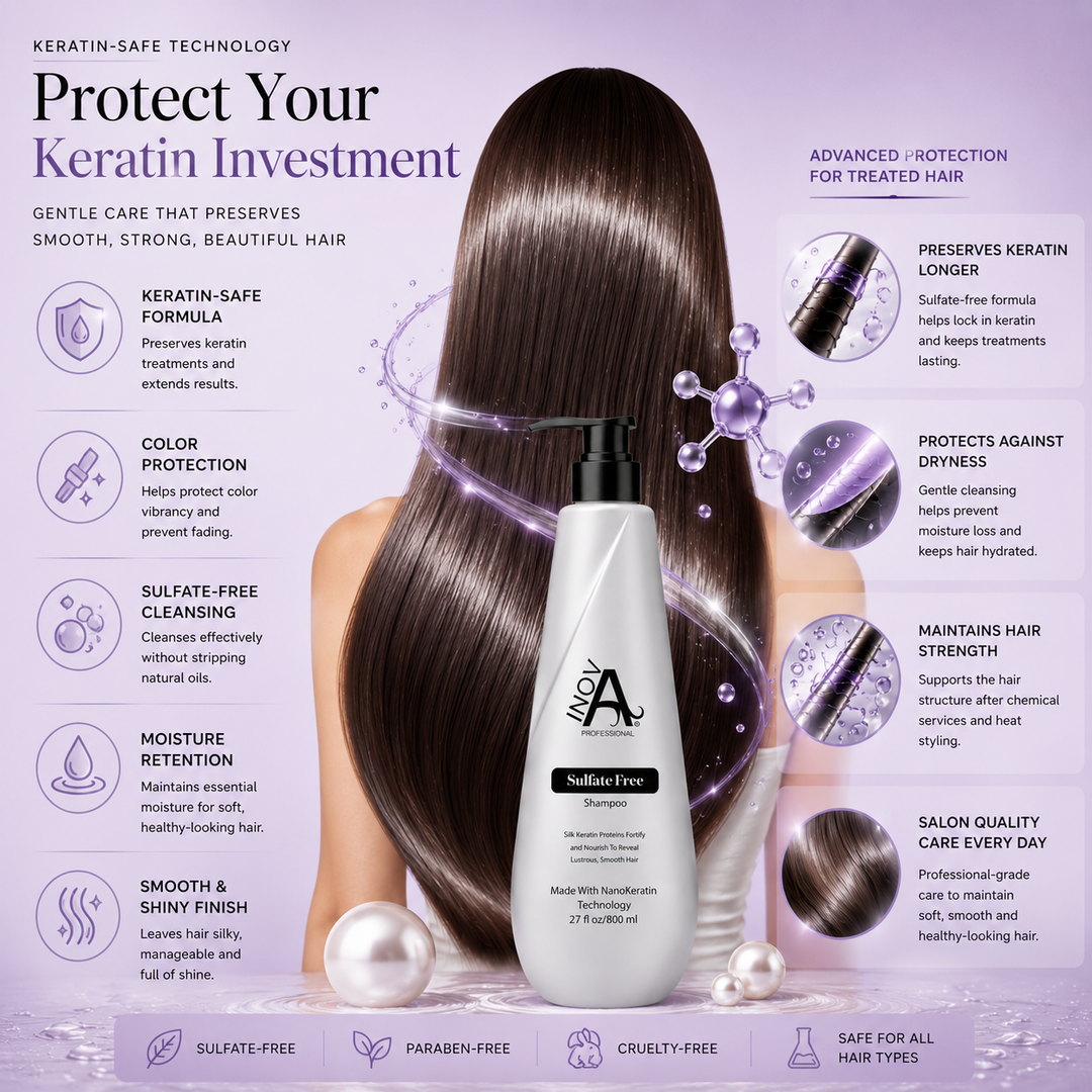 Keratin-safe technology infographic for Inova Professional Sulfate-Free Shampoo showing color protection, moisture retention, sulfate-free cleansing, and smooth shiny healthy-looking hair on a luxury light purple background