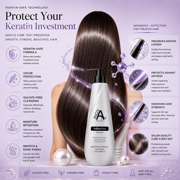 Keratin-safe technology infographic for Inova Professional Sulfate-Free Shampoo showing color protection, moisture retention, sulfate-free cleansing, and smooth shiny healthy-looking hair on a luxury light purple background