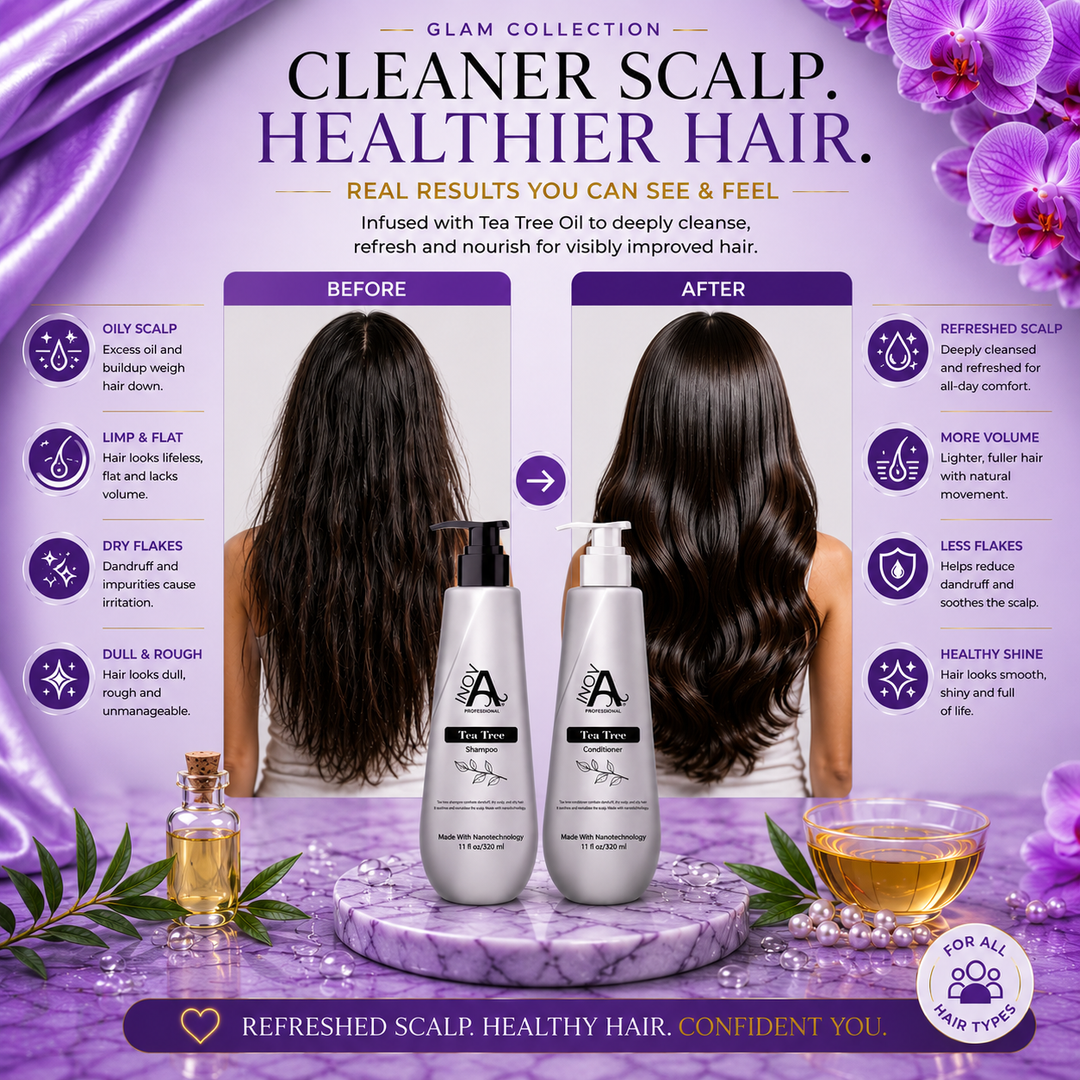 Before and after hair transformation using Inova Professional Tea Tree Shampoo and Conditioner infused with Tea Tree Oil to help cleanse the scalp, reduce buildup, improve shine, refresh hair, and support healthier-looking results.