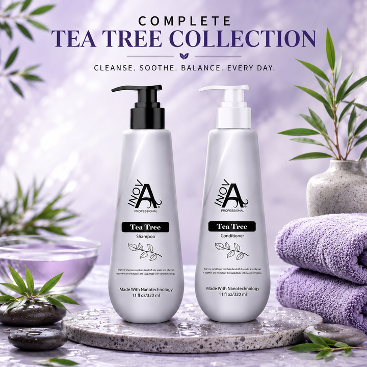 Inova Professional Complete Tea Tree Collection featuring Tea Tree Shampoo and Tea Tree Conditioner in a luxury spa-inspired lifestyle setting with a soft lavender background. Powered by Tea Tree Oil and Nanotechnology to deeply cleanse, purify, soothe, and refresh the scalp while hydrating hair, reducing excess oil and buildup, improving softness and shine, and promoting healthy-looking, balanced hair for everyday professional care.