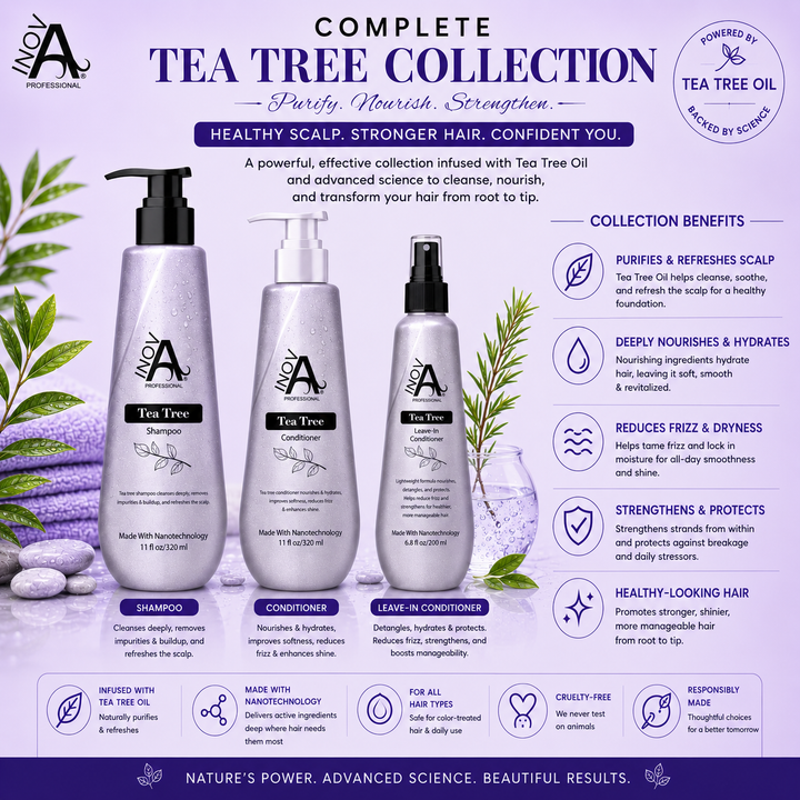 Inova Professional Complete Tea Tree Collection featuring Tea Tree Shampoo, Tea Tree Conditioner, and Tea Tree Leave-In Conditioner. Professional hair care system powered by Tea Tree Oil and Nanotechnology to purify and refresh the scalp, deeply nourish and hydrate hair, reduce frizz and dryness, strengthen against breakage, improve softness and shine, and promote healthy-looking, manageable hair for all hair types.