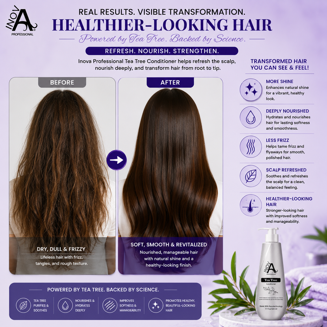 Inova Professional Tea Tree Conditioner 11 oz hair transformation results image showing before and after results with smoother, softer, shinier, healthier-looking hair. Infused with Tea Tree Oil and Nanotechnology to deeply nourish and hydrate, reduce frizz, improve softness and manageability, refresh the scalp, and promote vibrant, healthy-looking hair.