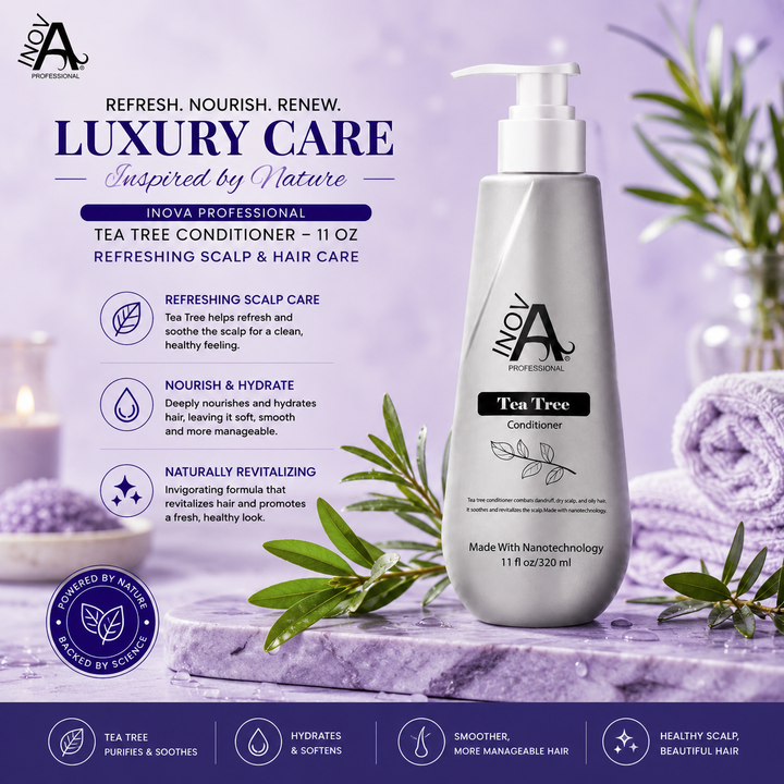 Inova Professional Tea Tree Conditioner 11 oz luxury lifestyle image featuring Tea Tree Oil and Nanotechnology to nourish and hydrate hair, soothe and refresh the scalp, improve softness and manageability, and promote healthy-looking hair on a premium light lavender spa-inspired background.