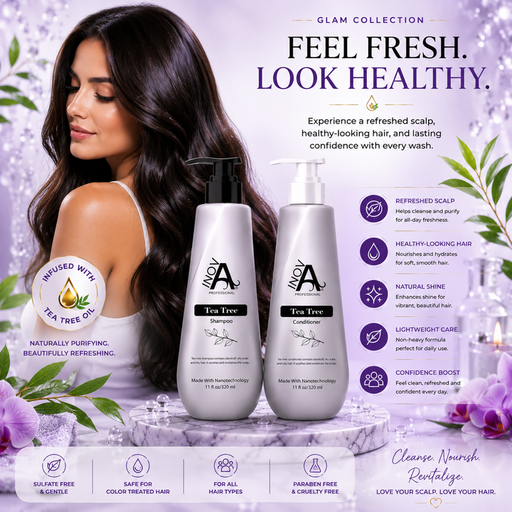 Inova Professional Tea Tree Shampoo and Conditioner Set infused with Tea Tree Oil, showcasing refreshed scalp care, healthy-looking shiny hair, lightweight hydration, and daily cleansing benefits in a luxury spa-inspired setting.