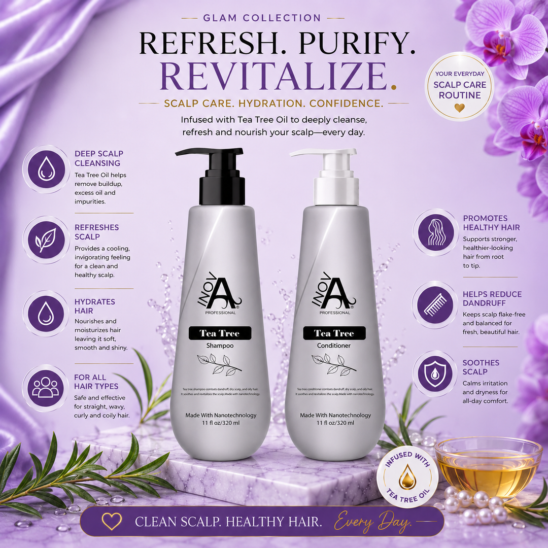 Inova Professional Tea Tree Shampoo and Conditioner Set infused with Tea Tree Oil for deep scalp cleansing, refreshing hydration, dandruff control, scalp comfort, and healthy-looking hair for all hair types.