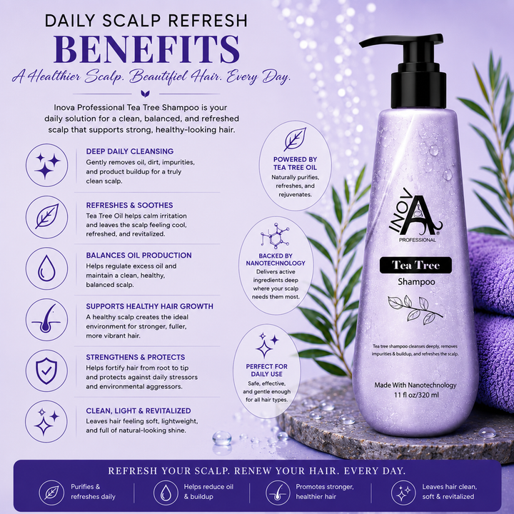 Inova Professional Tea Tree Shampoo 11 oz daily scalp refresh benefits image featuring Tea Tree Oil and Nanotechnology to deeply cleanse and purify the scalp, remove excess oil and product buildup, soothe and refresh the scalp, balance oil production, support a healthy scalp environment, strengthen hair from root to tip, and leave hair feeling clean, lightweight, healthy-looking, and revitalized with daily use.