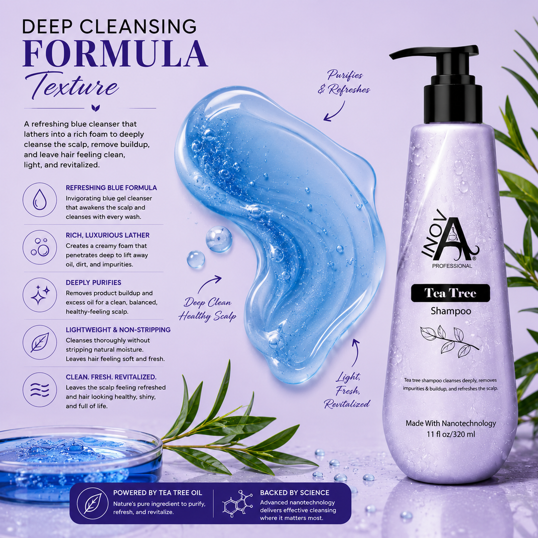Inova Professional Tea Tree Shampoo 11 oz deep cleansing formula texture image featuring a refreshing blue gel infused with Tea Tree Oil and Nanotechnology. Rich foaming formula helps deeply cleanse the scalp, remove excess oil, dirt, impurities, and product buildup while leaving hair feeling clean, refreshed, balanced, and healthy-looking without stripping essential moisture.