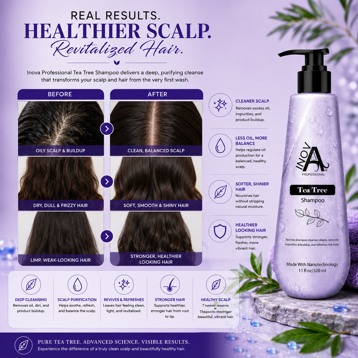 Inova Professional Tea Tree Shampoo 11 oz hair transformation results image showing before and after results with a cleaner, balanced scalp and healthier-looking hair. Powered by Tea Tree Oil and Nanotechnology to deeply cleanse away excess oil, impurities, and product buildup while refreshing the scalp, improving shine and softness, and promoting stronger, revitalized, healthy-looking hair.