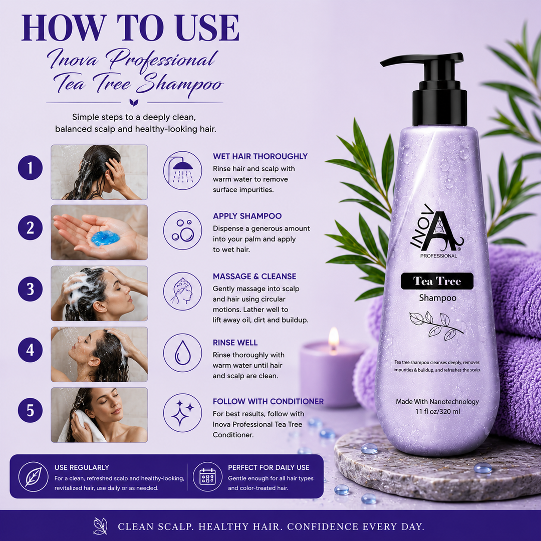 Inova Professional Tea Tree Shampoo 11 oz how-to-use guide showing the complete shampoo routine: wet hair thoroughly, apply shampoo, gently massage the scalp to create a rich lather, rinse thoroughly, and follow with Inova Professional Tea Tree Conditioner. Infused with Tea Tree Oil and Nanotechnology to deeply cleanse the scalp, remove excess oil and buildup, refresh and balance the scalp, and promote clean, healthy-looking hair.
