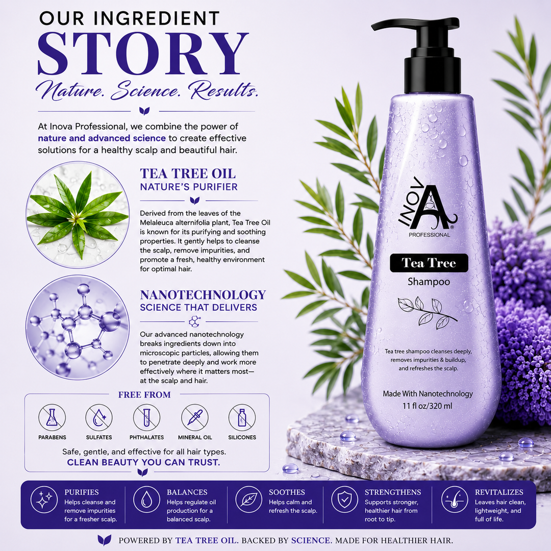Inova Professional Tea Tree Shampoo 11 oz ingredient story image featuring Tea Tree Oil and Nanotechnology. Tea Tree Oil helps purify, cleanse, soothe, and refresh the scalp while Nanotechnology delivers active ingredients where they are needed most for a healthier scalp, balanced oil production, stronger hair, and clean, revitalized, healthy-looking hair. Free from parabens, sulfates, phthalates, mineral oil, and silicones.
