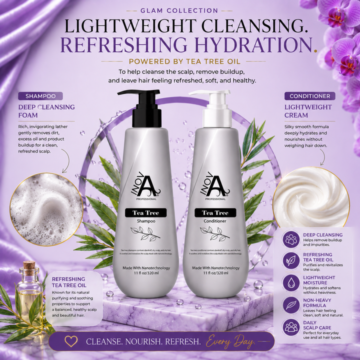 Inova Professional Tea Tree Shampoo and Conditioner Set showcasing deep cleansing shampoo foam, lightweight conditioner texture, tea tree oil infusion, scalp purification, hydration, and healthy hair benefits for all hair types.