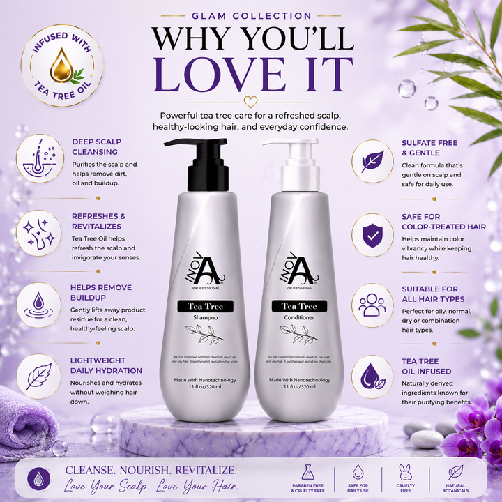 Inova Professional Tea Tree Shampoo and Conditioner Set infused with Tea Tree Oil, featuring deep scalp cleansing, buildup removal, lightweight daily hydration, sulfate-free cleansing, color-safe care, and healthy hair benefits for all hair types.