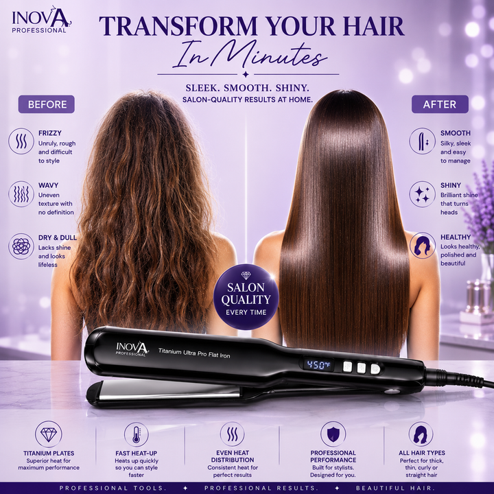 Before and after results using the Inova Professional Titanium Ultra Pro Flat Iron 1.75 inch, featuring advanced titanium plate technology that helps transform frizzy, dull, and wavy hair into smooth, straight, shiny, and healthy-looking hair.
