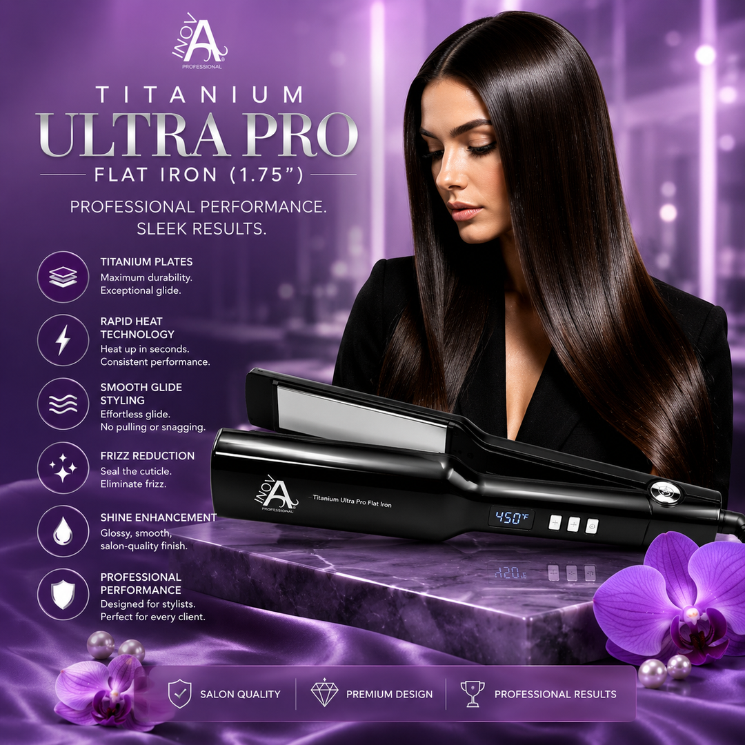 Inova Professional Titanium Ultra Pro Flat Iron 1.75 inch luxury salon lifestyle image featuring professional titanium styling iron with rapid heat technology, smooth glide plates, glossy straight hair, frizz reduction, shine enhancement, and elegant purple salon background with premium beauty aesthetics.