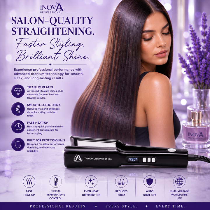 Inova Professional Titanium Ultra Pro Flat Iron 1.75 inch professional titanium hair straightener showcasing smooth, sleek hair, advanced titanium plate technology, fast heat-up performance, frizz reduction, and salon-quality styling results.