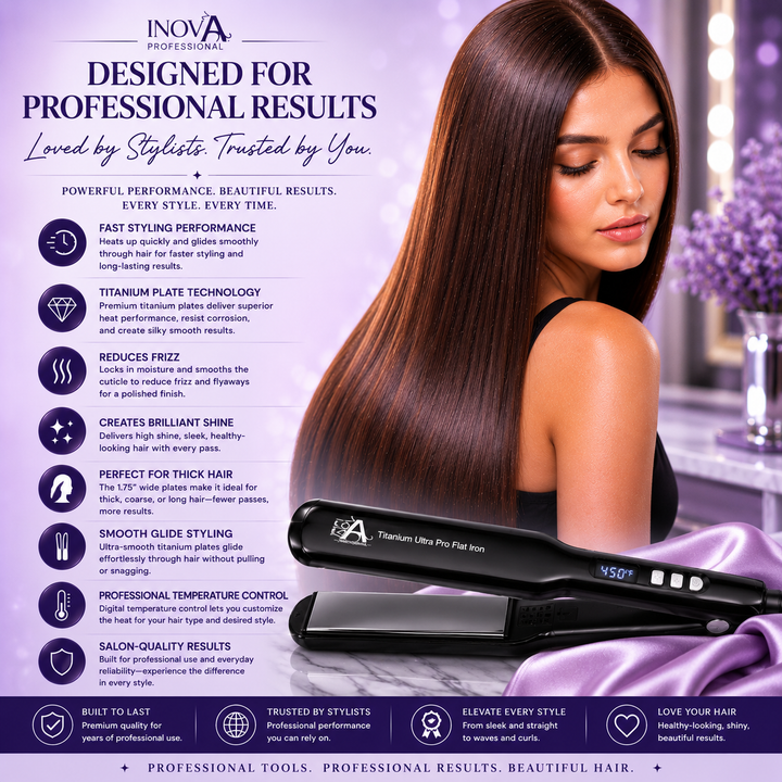 Inova Professional Titanium Ultra Pro Flat Iron 1.75 inch professional hair straightener showcasing advanced titanium plate technology, smooth glide styling, digital temperature control, reduced frizz, enhanced shine, and salon-quality results for all hair types.