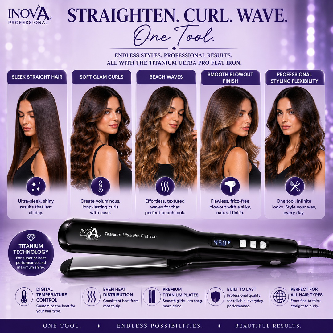 Inova Professional Titanium Ultra Pro Flat Iron 1.75 inch professional titanium hair straightener demonstrating multiple styling options including straight hair, glamorous curls, beach waves, smooth blowouts, and salon-quality styling results for all hair types.