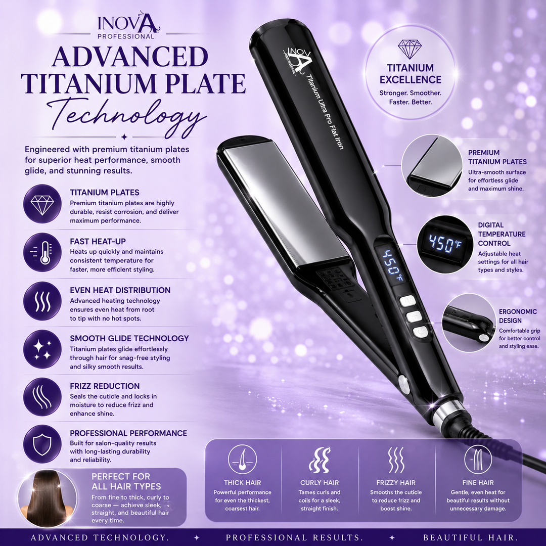 Inova Professional Titanium Ultra Pro Flat Iron 1.75 inch showcasing advanced titanium plate technology, digital temperature control, even heat distribution, frizz reduction, smooth glide performance, and salon-quality styling results for all hair types.