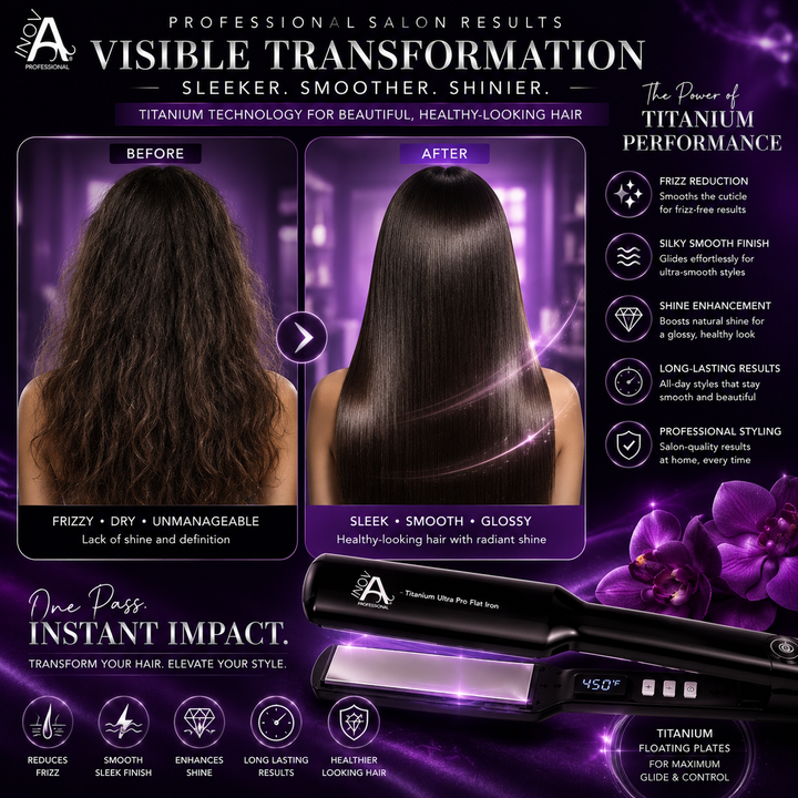 Inova Professional Titanium Ultra Pro Flat Iron 1.75 inch before and after hair transformation image featuring frizzy hair versus sleek glossy straight hair with titanium technology, frizz reduction, shine enhancement, smooth finish, and luxury purple salon background.