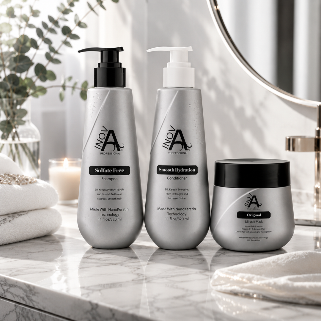 Inova Professional Keratin Aftercare System featuring sulfate-free shampoo, smooth hydration conditioner, and Original Miracle Mask displayed in a luxury bathroom spa setting for softer, smoother, shinier hair after keratin treatments