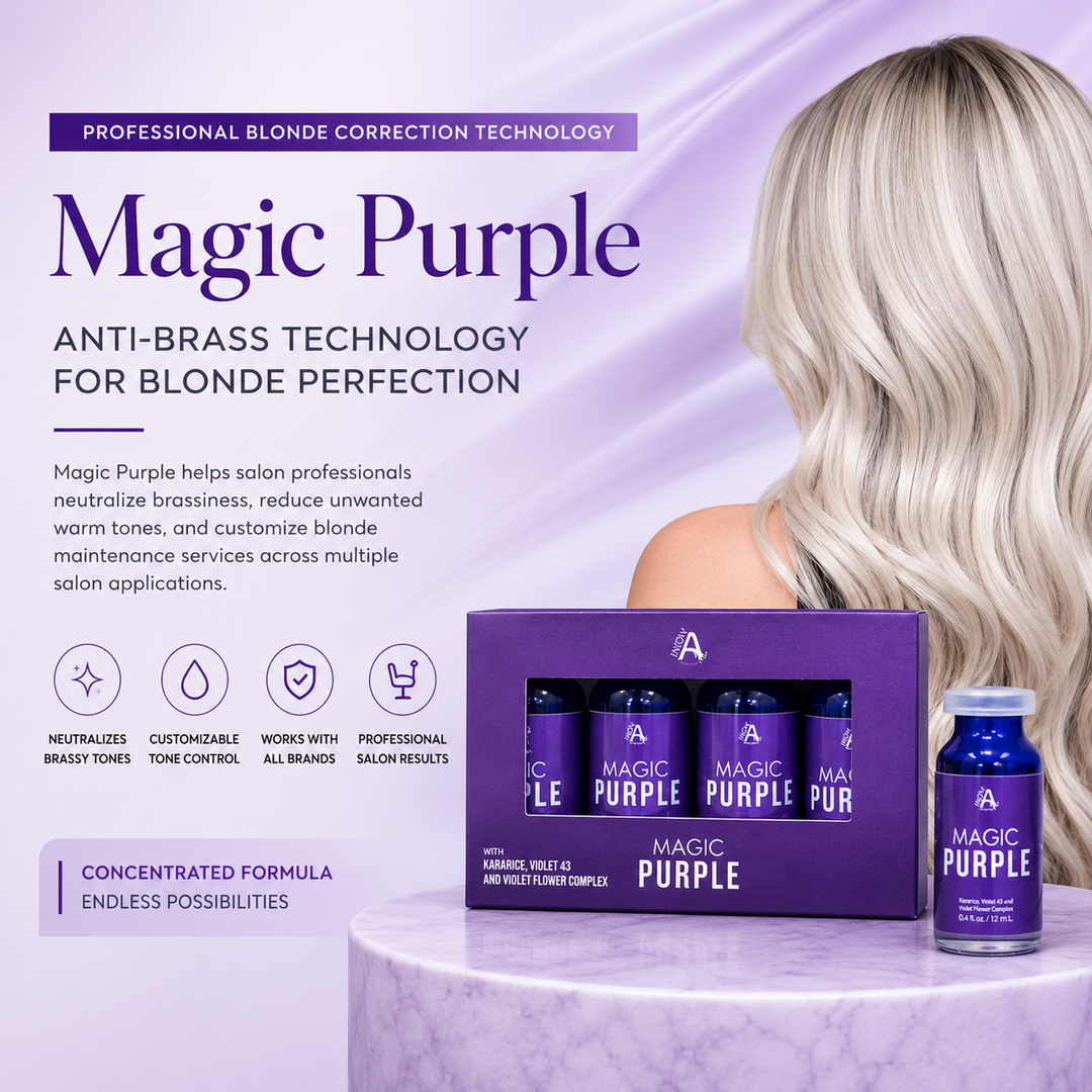 Magic Purple blonde correction lifestyle banner featuring anti-brass technology for cool blonde hair maintenance