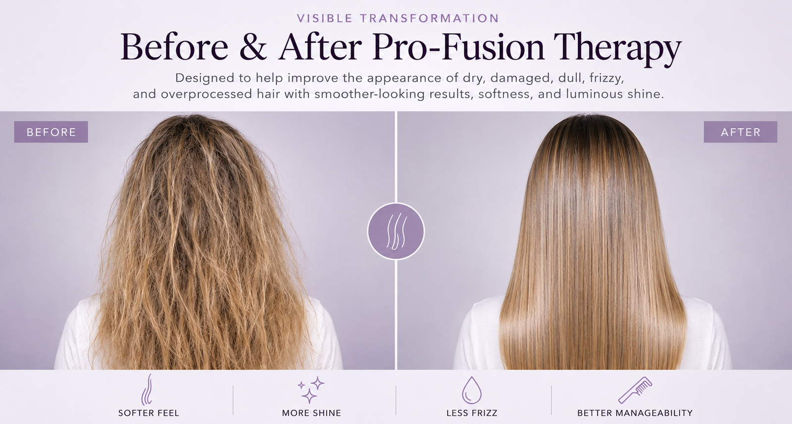 Before and after hair transformation using Inova Professional Pro-Fusion Therapy for smoother, shinier, less frizzy hair