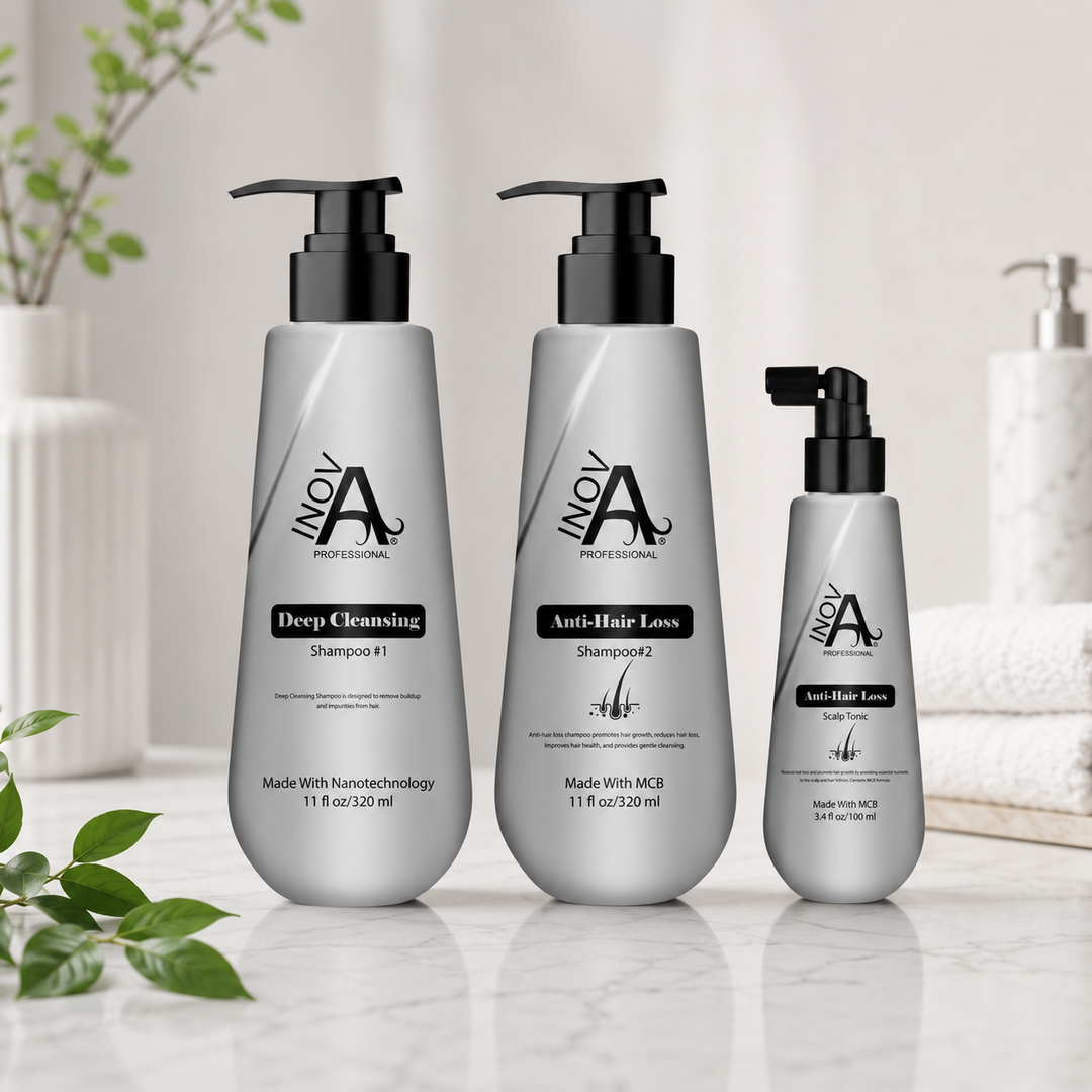 Inova Professional Root Renewal Collection system with Clarifying Shampoo #1, Root Renewal Shampoo #2, and Scalp Tonic Booster designed for scalp wellness and healthier-looking fuller-feeling hair support