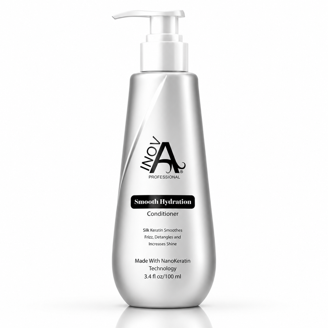 Inova Professional Smooth Hydration Conditioner 3.4 oz keratin-safe travel-size conditioner for hydration, softness, shine, and frizz control on white background.