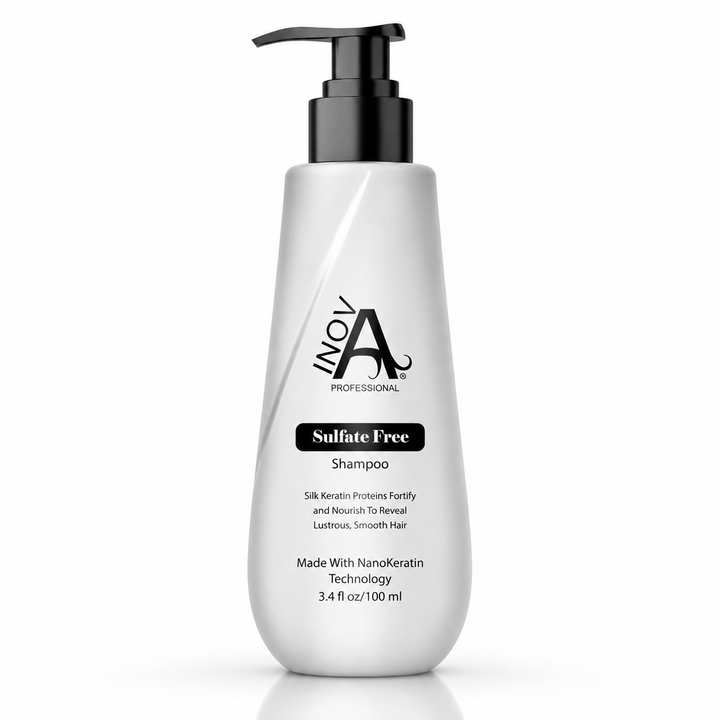 Inova Professional Sulfate Free Shampoo 3.4 oz keratin-safe travel-size shampoo for gentle cleansing, hydration, smoothness, and healthy-looking shine on white background.